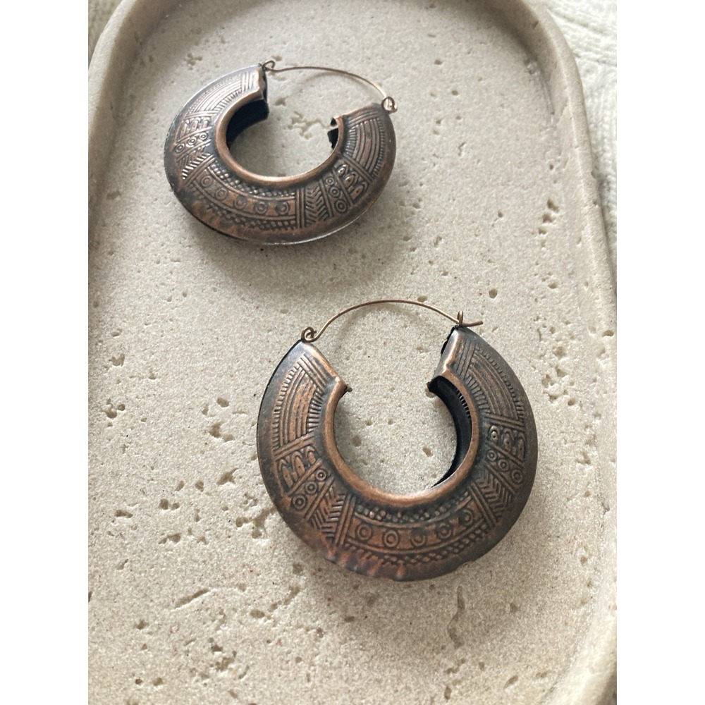 Copper Tone Etched Hoop Earrings Wide Crescent Tribal Statement Egyptian Revival